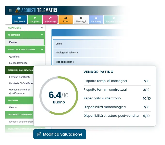 Schermata Vendor Rating valutazione fornitori